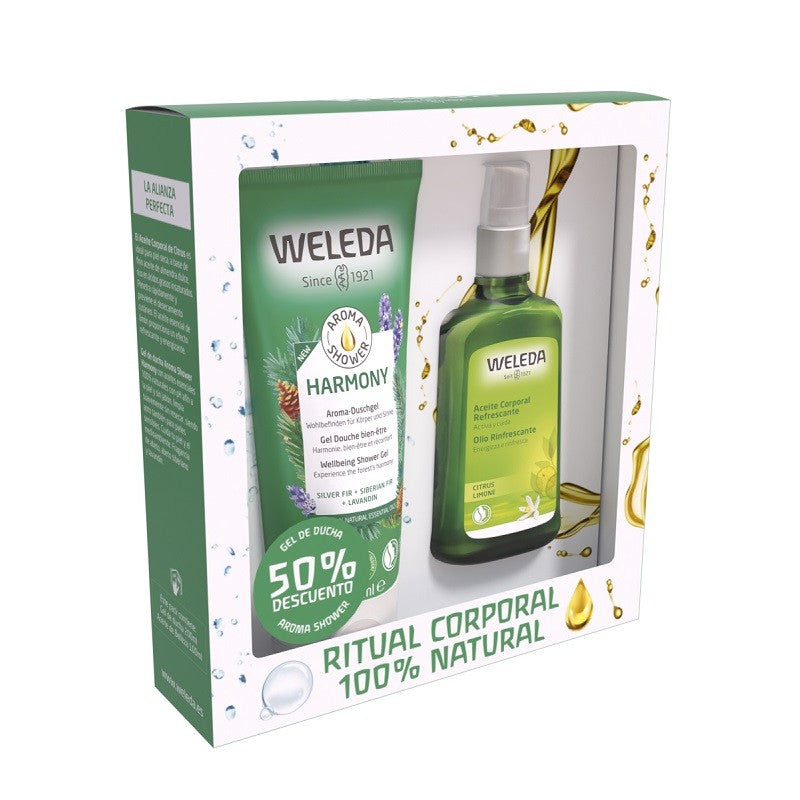 Weltweiter Versand WELEDA Pack Citrus Erfrischendes Körperöl 100ml + Harmony Duscharoma 200ml